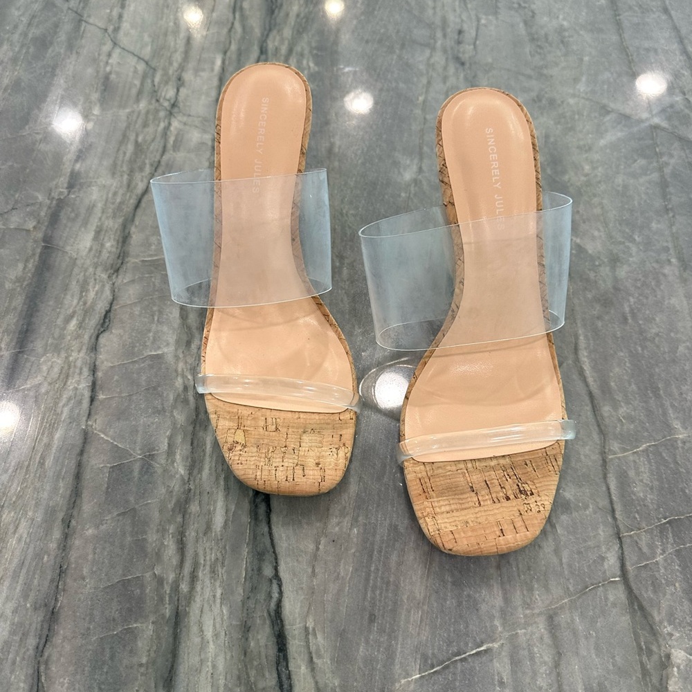 Sincerely Jules Clear Cork Sandals wedge high heels tan beige